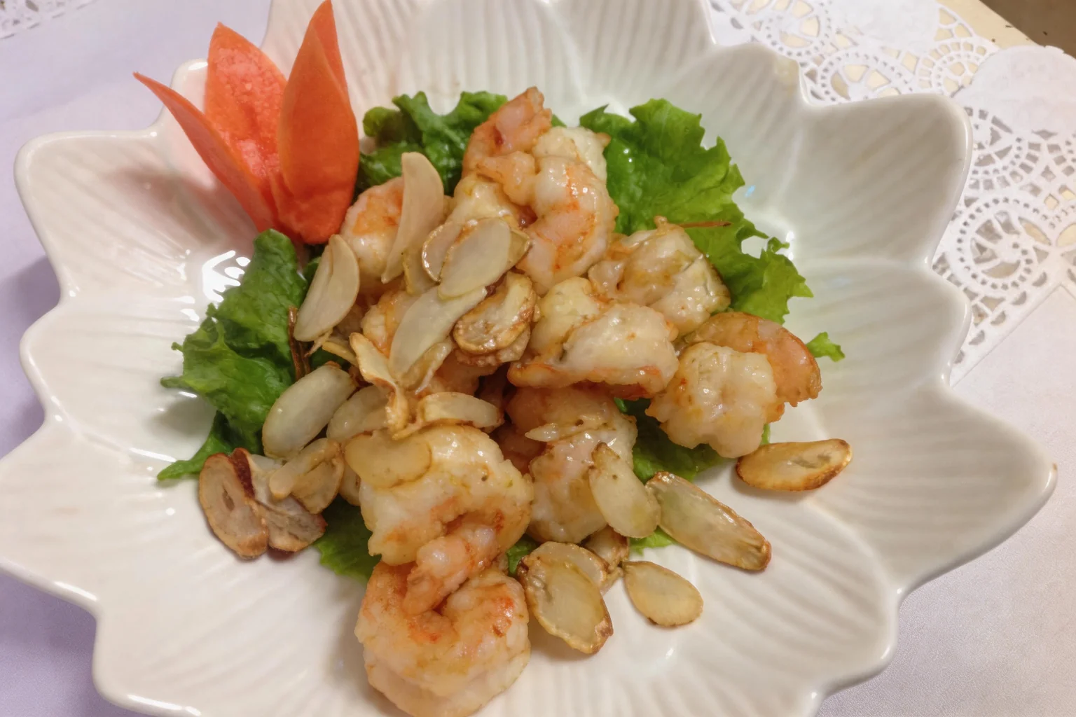 Prawns in a white flower-shaped bowl